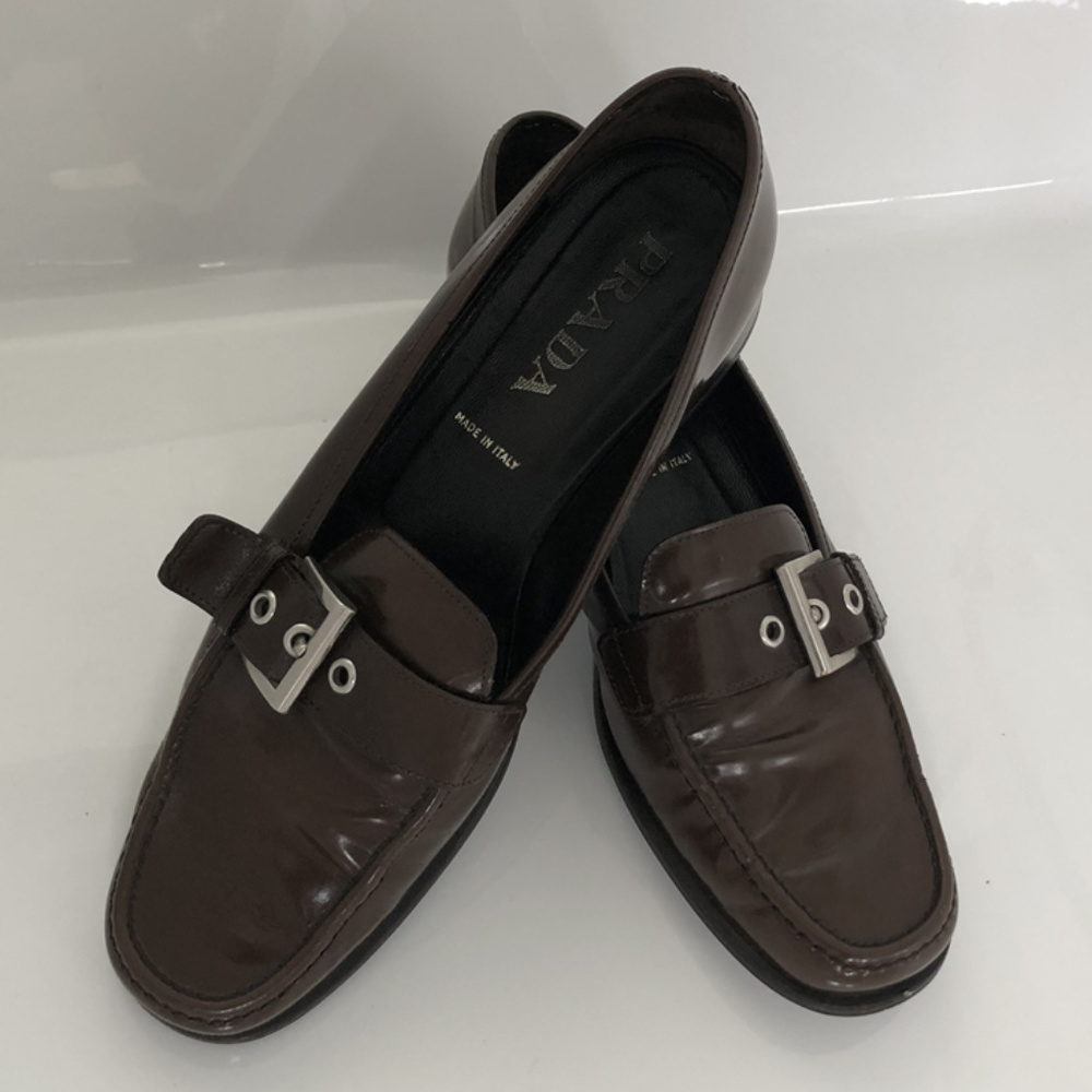 Brown Patent Leather Prada Loafers in sz10US-40EU